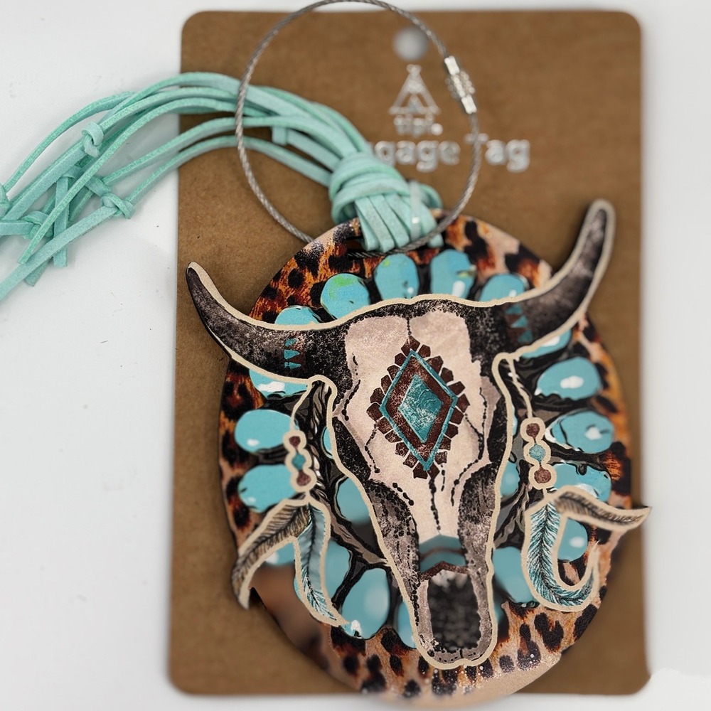 Backpack Tag Multicolor Western Longhorn Skull Leopard Print BohoWestern New